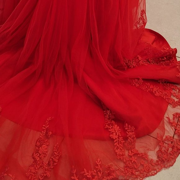 Hebeos Off The Shoulder Red Lace Wedding Dress - Picture 4 of 16